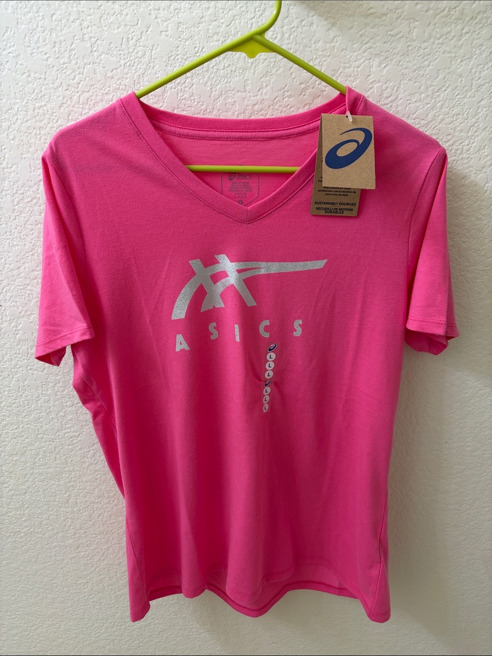 ASICS Women's Short Sleeve V-Neck Tee in Hot Pink with Silver Logo